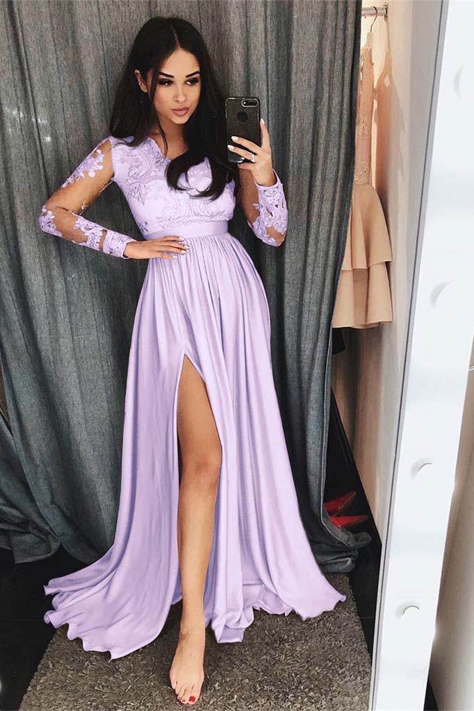 edgynewlook Long Sleeves Split Prom Dress With Lace Appliques