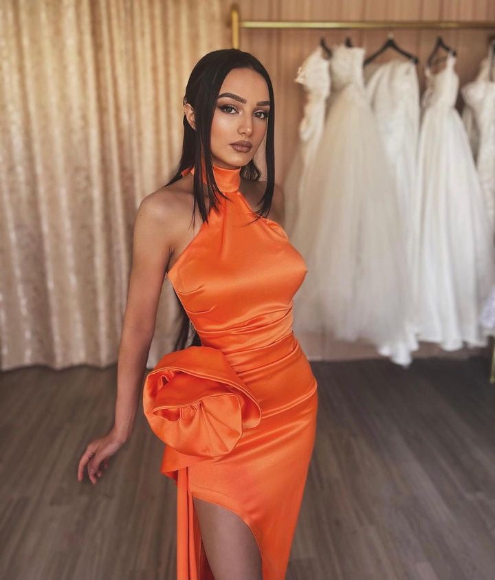 edgynewlook Orange Flower Halter Split Prom Dress