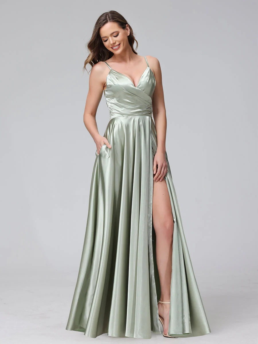 A-Line/Princess V-Neck Sleeveless Ankle-Length Silk Satin Bridemaid Dresses with Pockets & Split Side