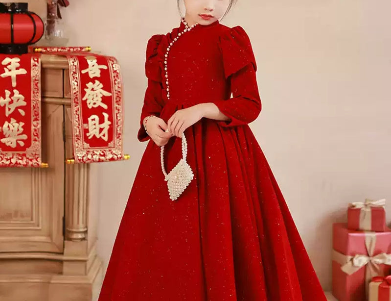 Beaded High Neck Long Sleeves Floor Length Red Girl Party Dress