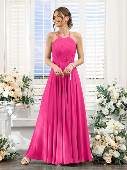 A-Line/Princess Halter Sleeveless Floor-Length Chiffon Bridesmaid Dresses with Ruched