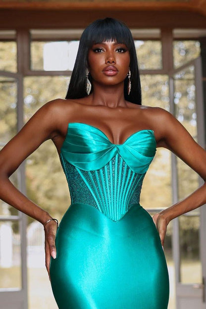 edgynewlook Amazing Jade Satin Sleeveless Sweetheart Long Mermaid Prom Dress with Sequins