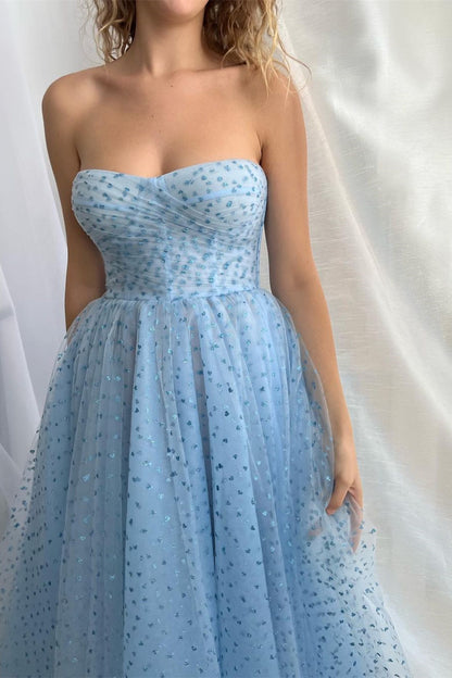 edgynewlook Baby Blue Tulle A-Line Prom Dress Split Long With Detachable Sleeves