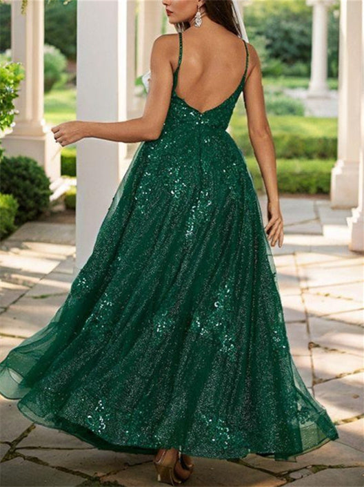 A-Line/Princess Spaghetti Straps Floor-length Long Prom Dresses