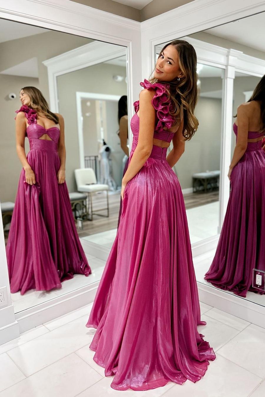 edgynewlook Charming Fuchsia Sleeveless One Shoulder Long Pleated Prom Dress with Split