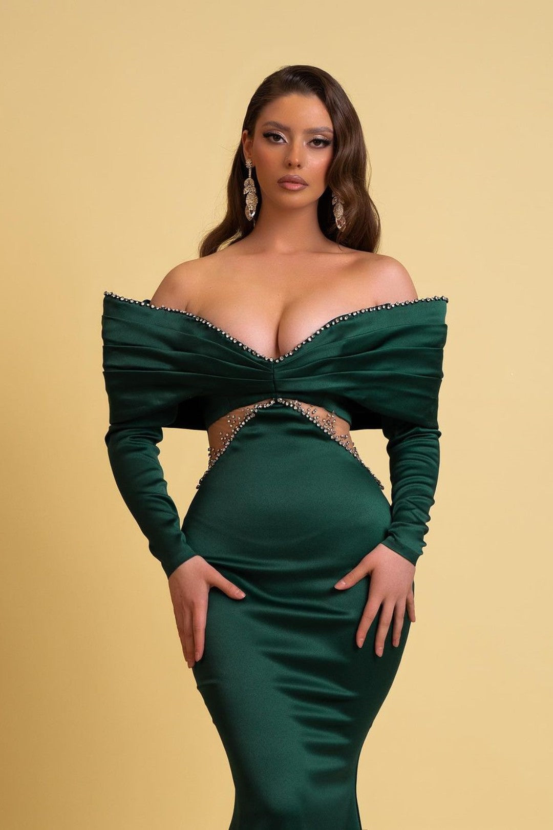 Emerald Green Prom Dress Off-the-shoulder Charmeuse V Neck Mermaid YL0265