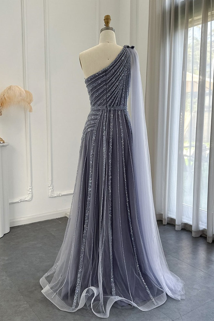 Edgynewlook Stunning Gray One Shoulder A Line Prom Dress Appliques With Ruffles