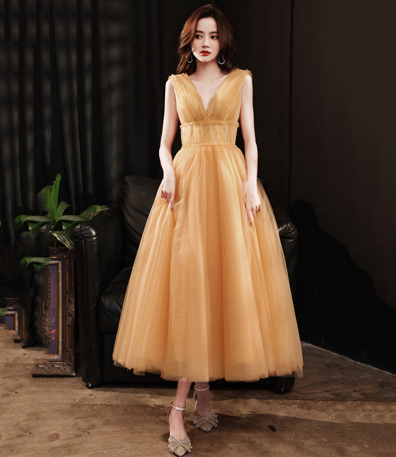 Yellow v neck tulle short prom dress homecoming dress  8982