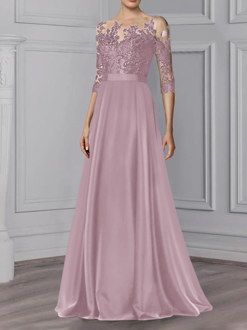 A-Line/Princess Jewel Neck 3/4 Length Sleeves Floor-Length Mother of the Bride Dresses