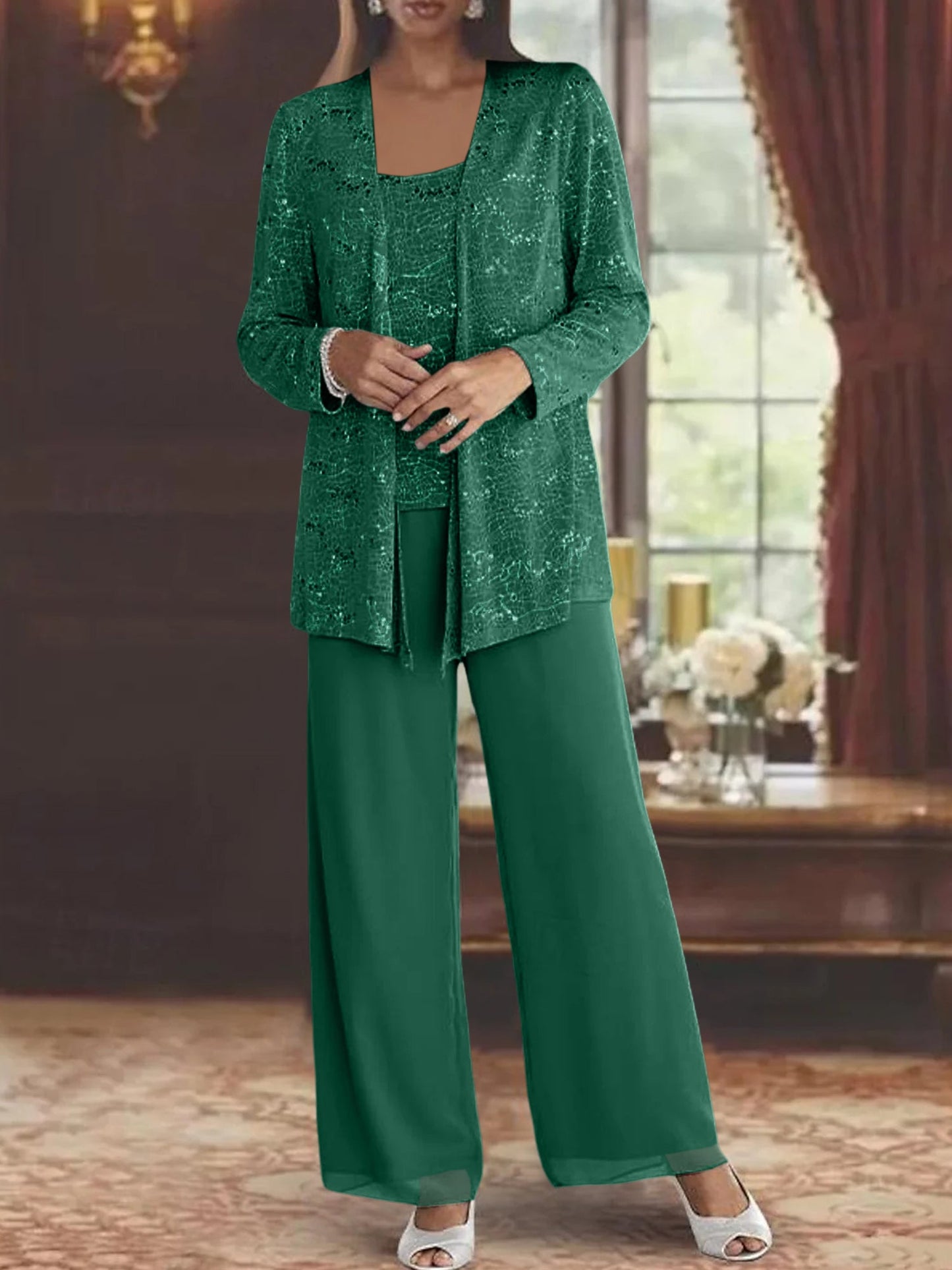 Chiffon Mother of the Bride Pantsuits with Jacket & Sequins