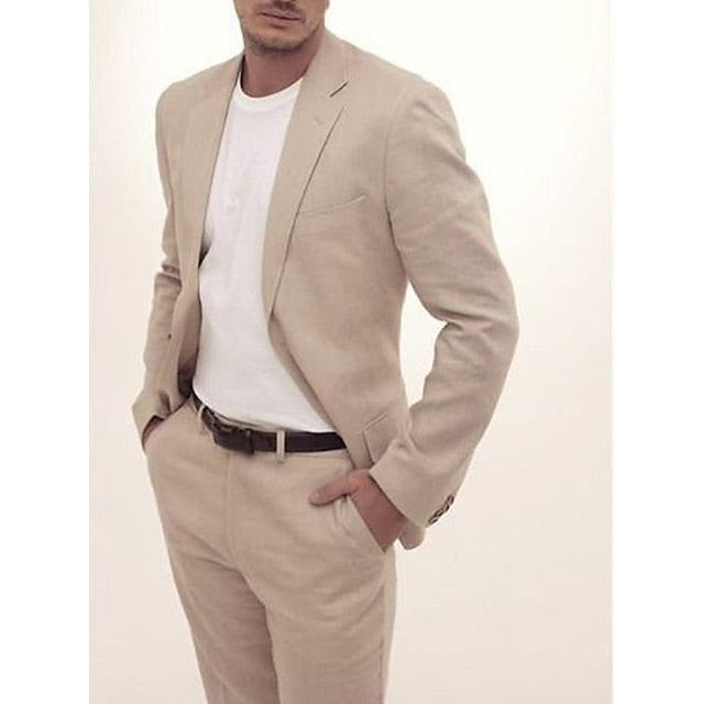 Men's Tailored Fit Single Breasted Two-buttons 2 Pieces Linen Suits