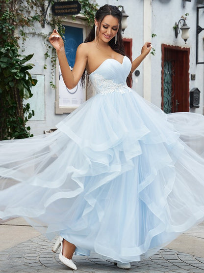 Baby Blue Tulle Prom Dress Long With Applique PD0224