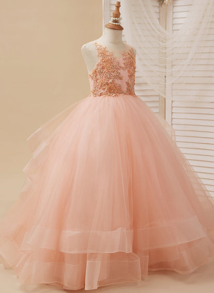 Ball-Gown/Princess Tulle Sweep Train Pink Flower Girl Dress