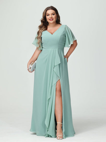 A-Line/Princess V-Neck Half Sleeves Chiffon Plus Size Bridesmaid Dresses with Split Side & Ruffles