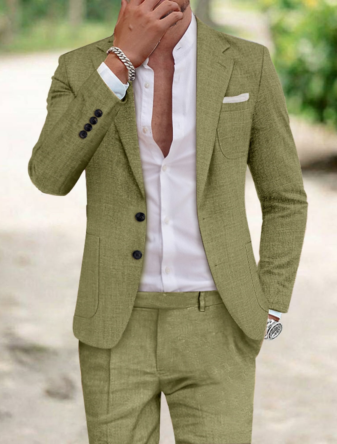 Men's Tailored Fit Single Breasted Two-buttons 2 Pieces Solid Colored Linen Suits