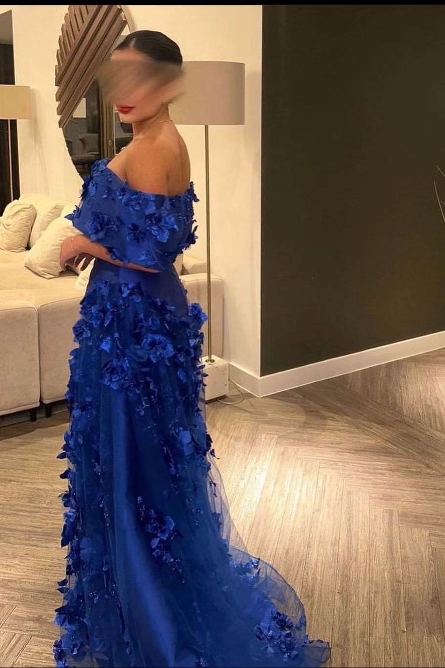 edgynewlook Chic Royal Blue SatinOff the Shoulder Strapless Long Prom Dress with Flowers