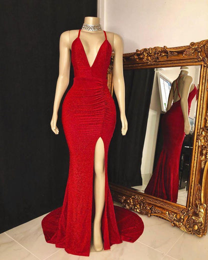 Red Halter Sleeveless Prom Dress With Split PD0112