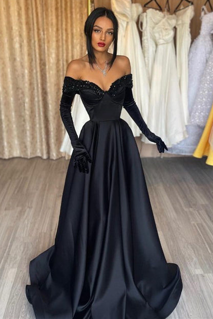 Black Prom Dress Off-the-shoulder With Gloves Long Mermaid ED0626