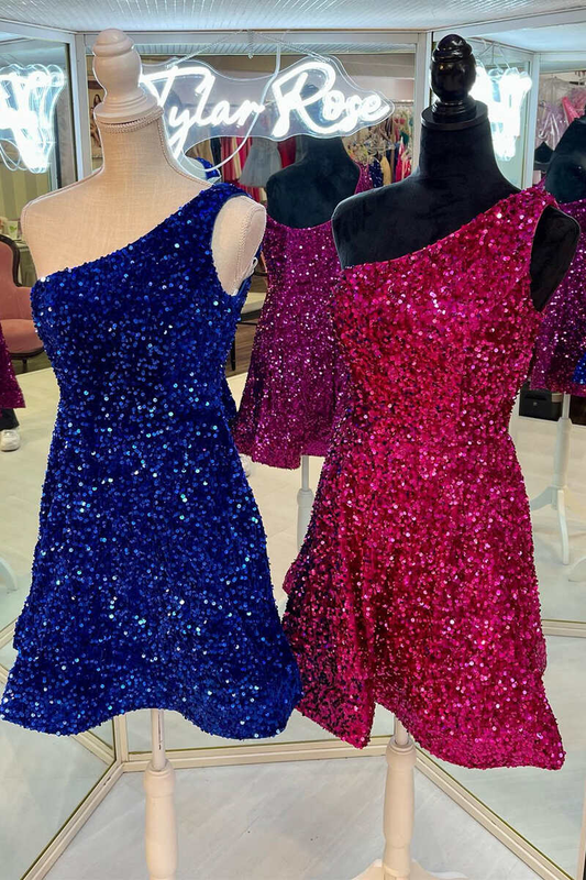 Sequin One-Shoulder A-Line Short Cocktail Gown gh1218