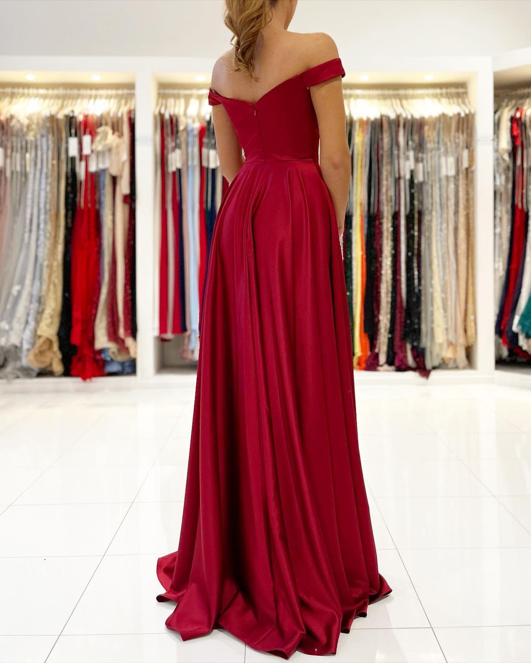 Off-the-Shoulder Burgundy Prom Dress With Slit PD0174