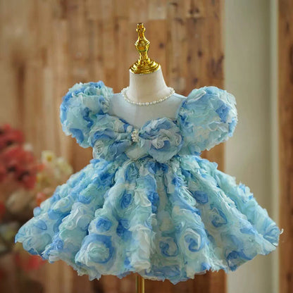 Beaded Round Neck Short Sleeves Knee-Length Baby Girl Dress with Ruched Flowers