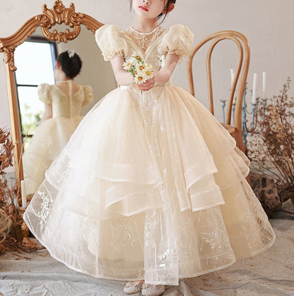 Ball Gown Beading Round Neck Short Sleeves Flower Girl Lace Dress with Rhinestones