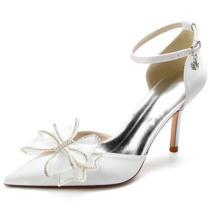 Women's Wedding Shoes Silk Satin Bow Stiletto Pointed Toe Buckle Bridal Shoes