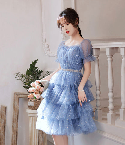 Blue tulle short A line prom dress homecoming dress  8897