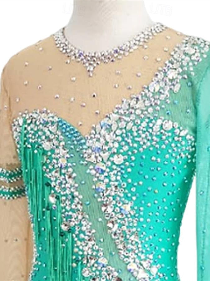 Latin Dance Dress Tassel Crystals/Rhinestones Women's Girls' Performance Training Long Sleeve Stretch Yarn Lycra