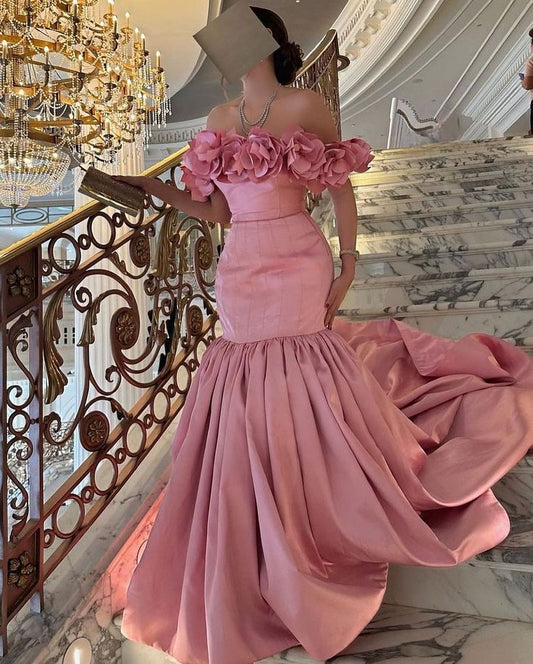 Pink Rose Floral Prom Dresses, Mermaid Evening Dress With Sweep Train