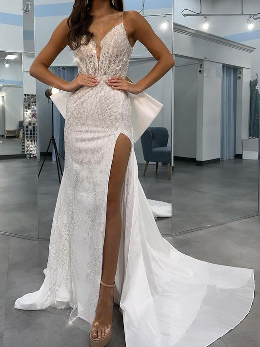 Sheath/Column Spaghetti Straps V-Neck Wedding Dress with Sequins & Split Side