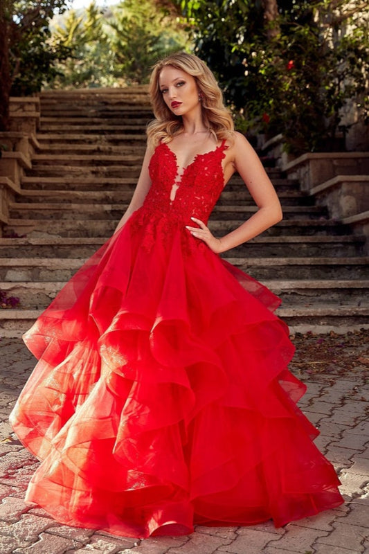 edgynewlook Red V-Neck Tulle Long Prom Dress Sleeveless