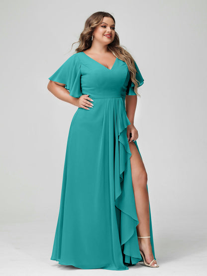 A-Line/Princess V-Neck Half Sleeves Chiffon Plus Size Bridesmaid Dresses with Split Side & Ruffles