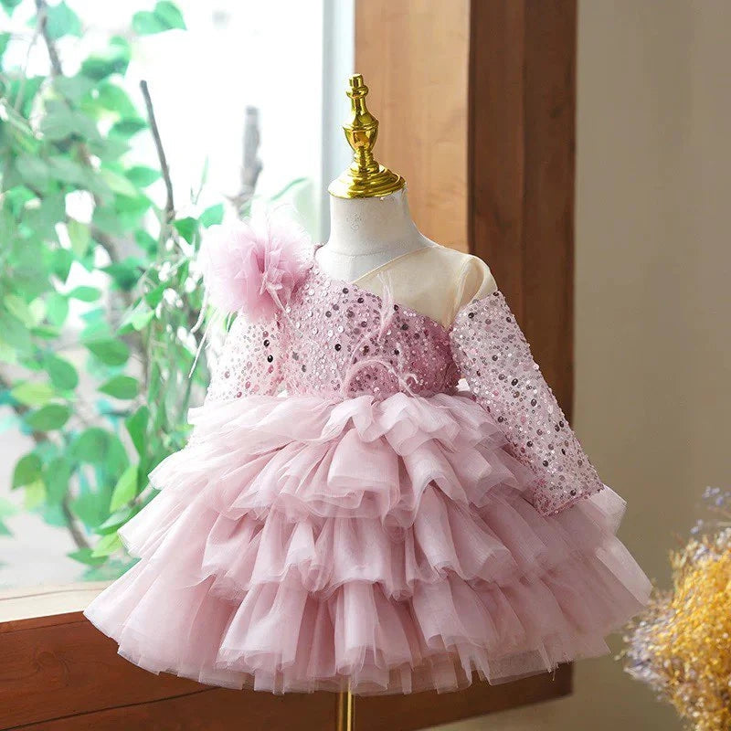 Ball Gown Long Sleeves Knee-Length Layered Baby Girl Party Dress with Flower & Feathers