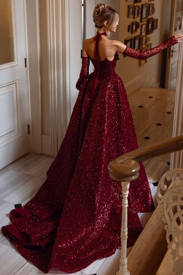 Luxurious Gorgeous Burgundy Split Beaded Prom Dress With Sleeves And Scarf ZT0207