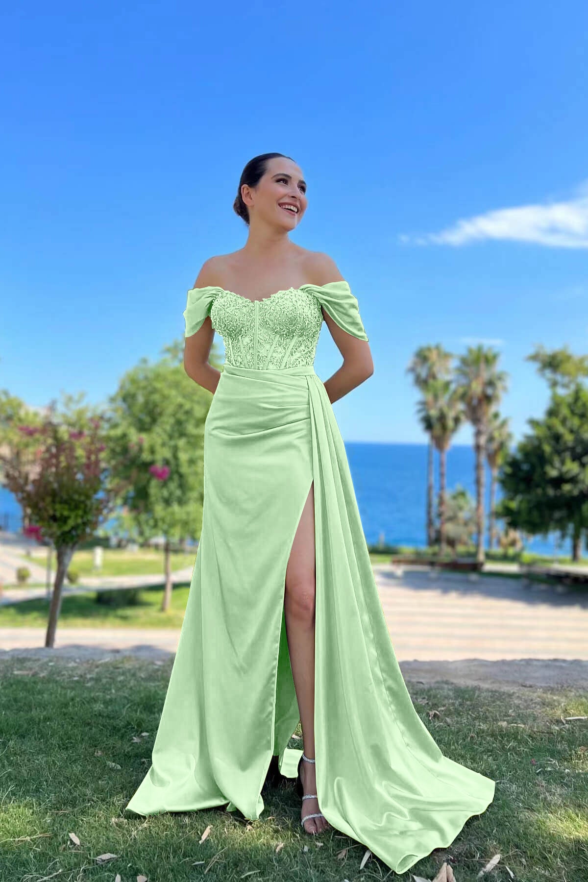 Off-The-Shoulder Front Split Mermaid Prom Dress With beads Sweetheart ED0192