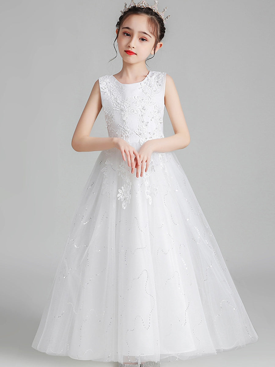 A-Line/Princess Scoop Neck Sleeveless Tulle Flower Girl Dress with Lace Appliques & Ruffles