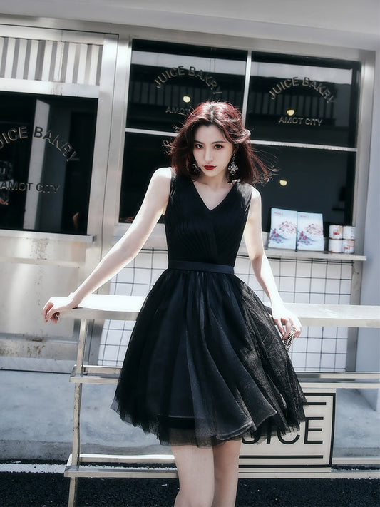 Black v neck tulle short prom dress, homecoming dress  8060