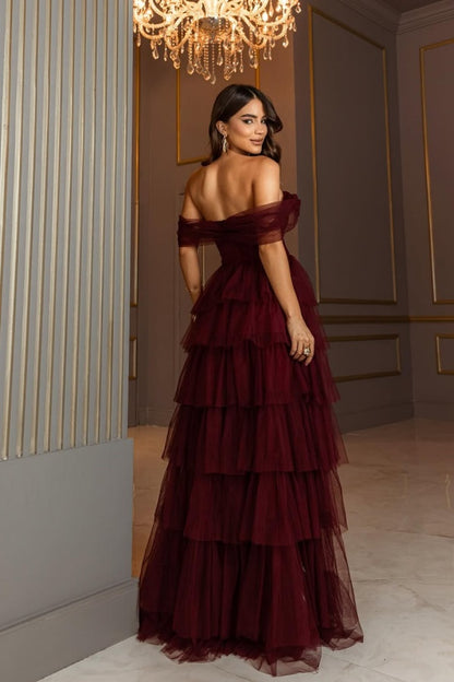 Burgundy Tulle A-Line Off-The-Shoulder Split  Prom Dress ZT0559