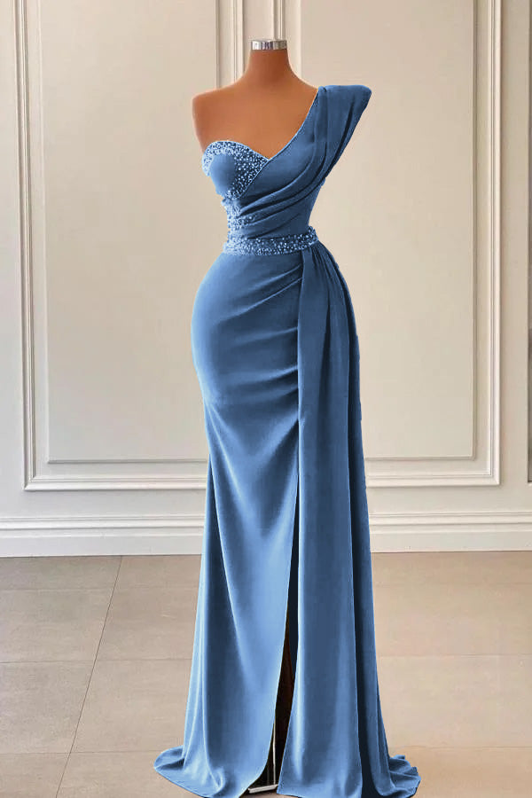 Sage One-Shoulder Split Mermaid Prom Dress With Beadings PD0781