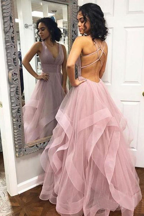 V-Neck Sleeveless Prom Dress Tulle Ruffles PD0525