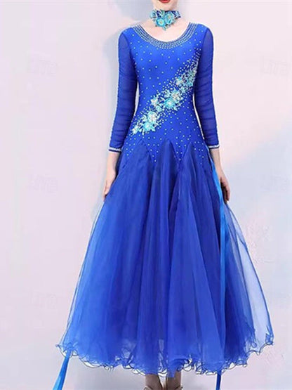 Women's Dancewear Latin Dance Ballroom Dance Dress Embroidery Splicing Crystals/Rhinestones Women's Performance Party Long Sleeve