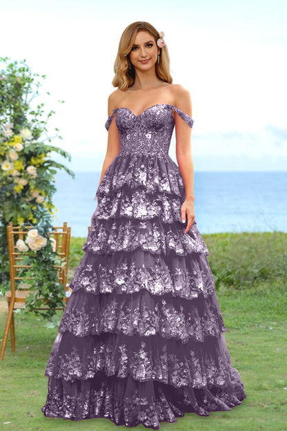 A-Line/Princess Sweetheart Off-the-Shoulder Long Prom Evening Party Floral Dresses with Sequins & Ruffles