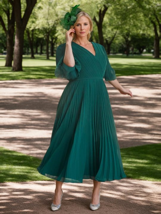 A-Line/Princess V-neck 3/4 Length Sleeves Tea-Length Plus Size Mother of the Bride Dresses with Pleated