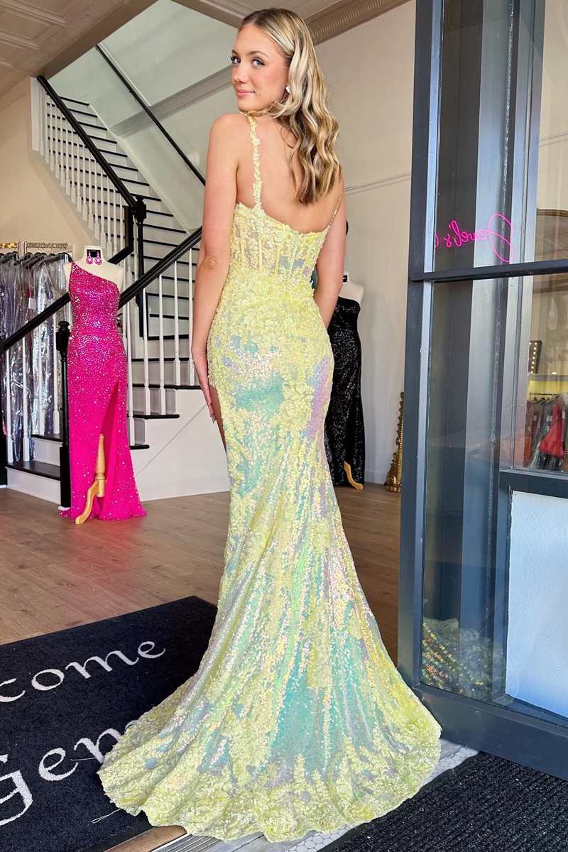 Chandler | Yellow Sequin Appliques Scoop Neck Mermaid Long Prom Dress with Slit