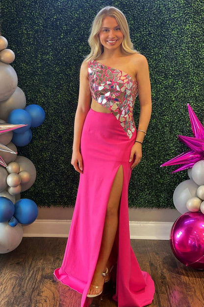 Ashley |Sheath One Shoulder Cut Mirror Sequins Prom Dress