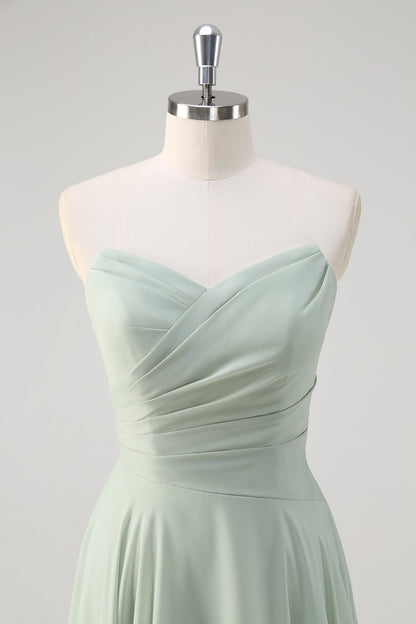 Matcha A Line Strapless Ruched Chiffon Long Bridesmaid Dress