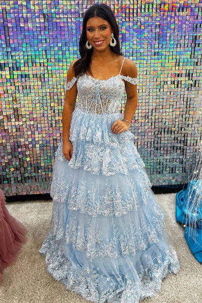 Maureen | Tulle Sequin Cold-Shoulder Ruffle Tiered Long Prom Dress