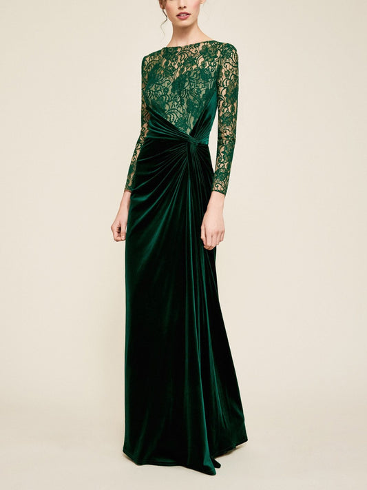 Sheath/Column Scoop Long Sleeves Floor Length Evening Dresses with Lace