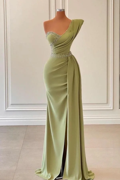 Sage One-Shoulder Split Mermaid Prom Dress With Beadings PD0781